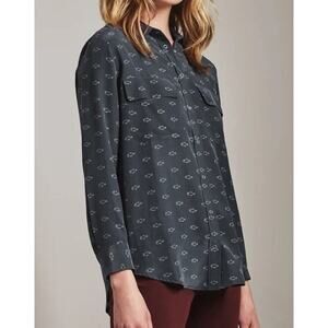 Adriano Goldschmied Alena Silk Shirt Women's Sz L Navy Snap Fish Shark Print